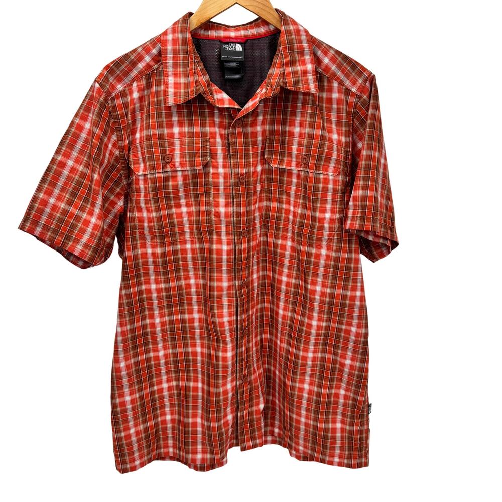 The North‎ Face Shirt Mens Large Pine Knot Orange Plaid Button Up Nylon Blend